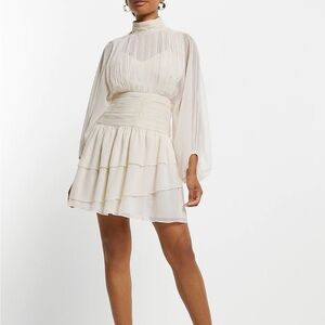 Mock Neck Long Sleeve Pleated Waist Tiered Ruffle Mini Dress size 4 Express NWT